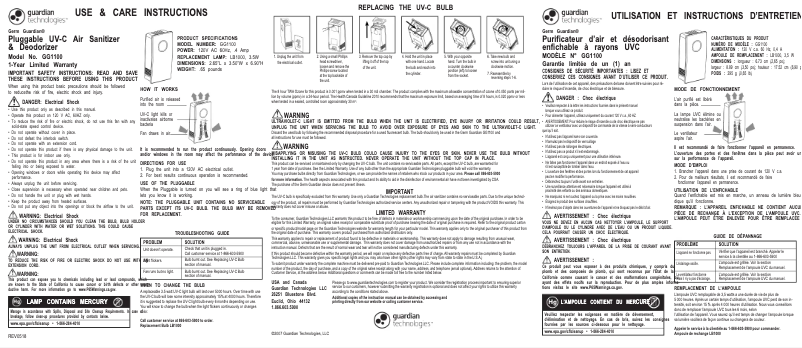 Page 1 de la notice Manuel utilisateur GermGuardian GG1100