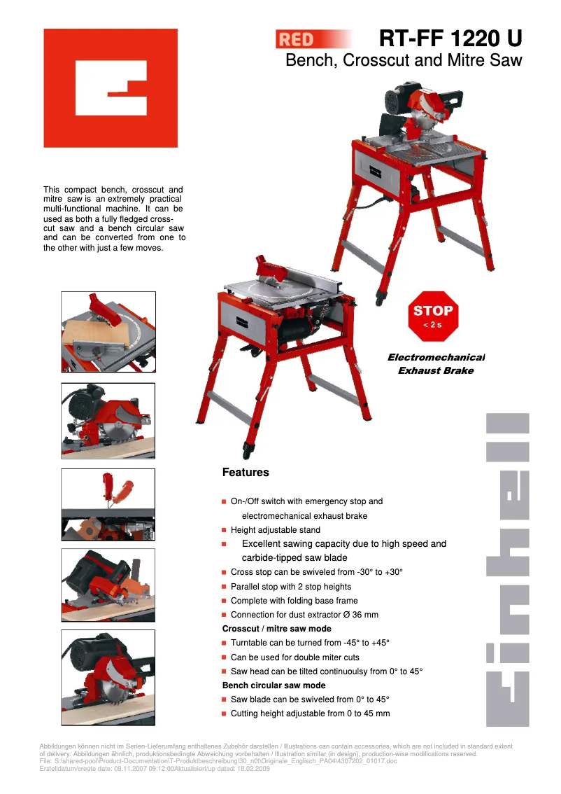Page 1 de la notice Manuel utilisateur Einhell RT-FF 1220 U
