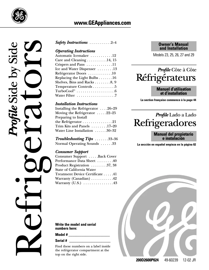 Page 1 de la notice Mode d'emploi GE PSI23MGPBB