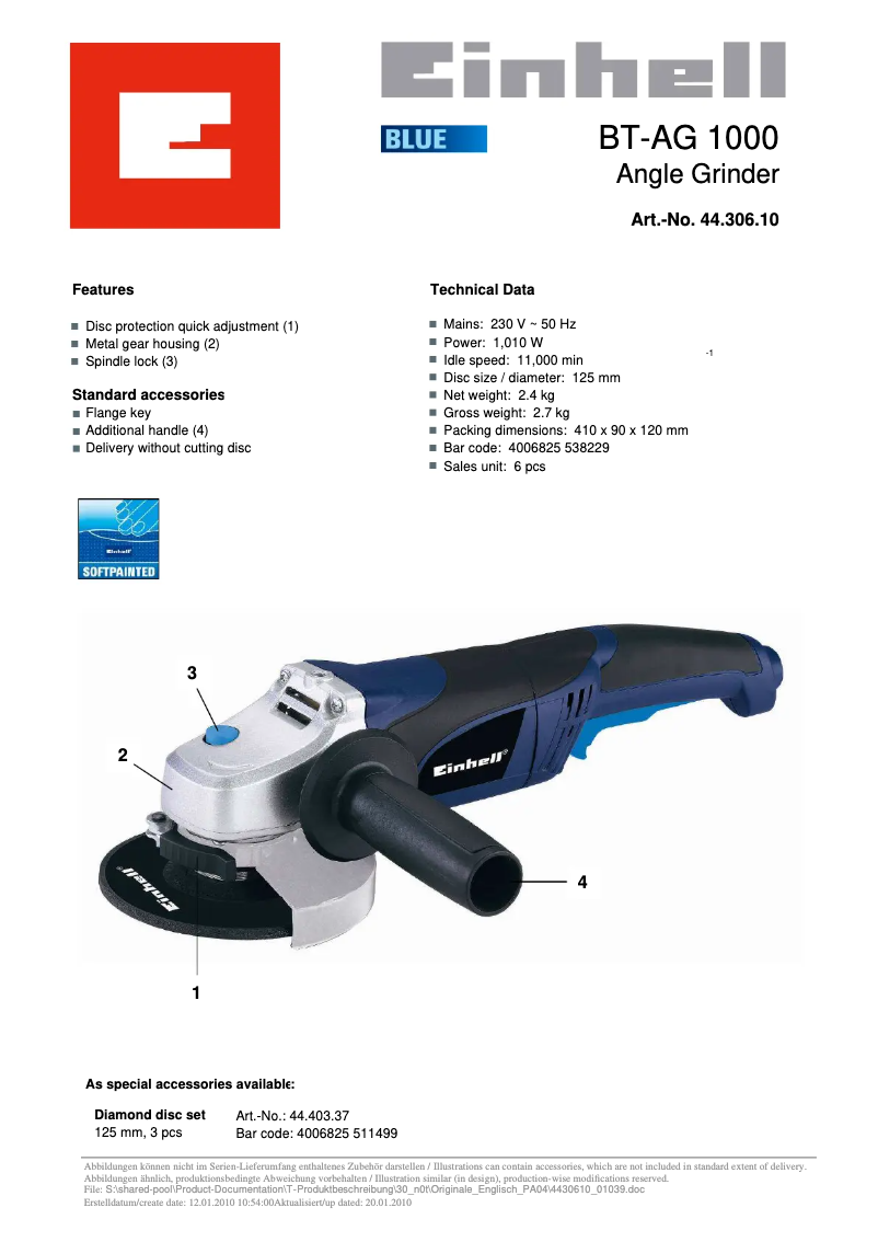 Page n°1 - Manuel utilisateur Einhell BT-AG 1000
