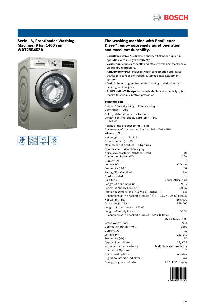 Page 1 of the manual Technical Sheet Bosch WAT28S4SZA
