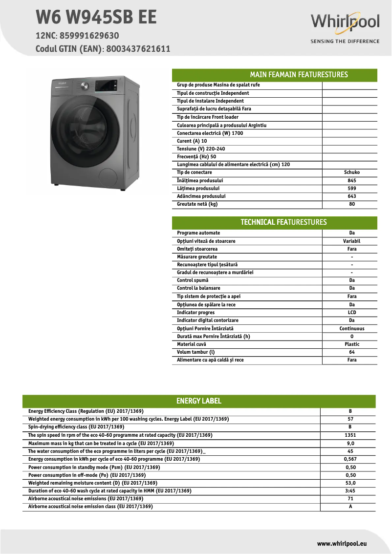 Image de la première page du manuel de l'appareil W6W945SBEE