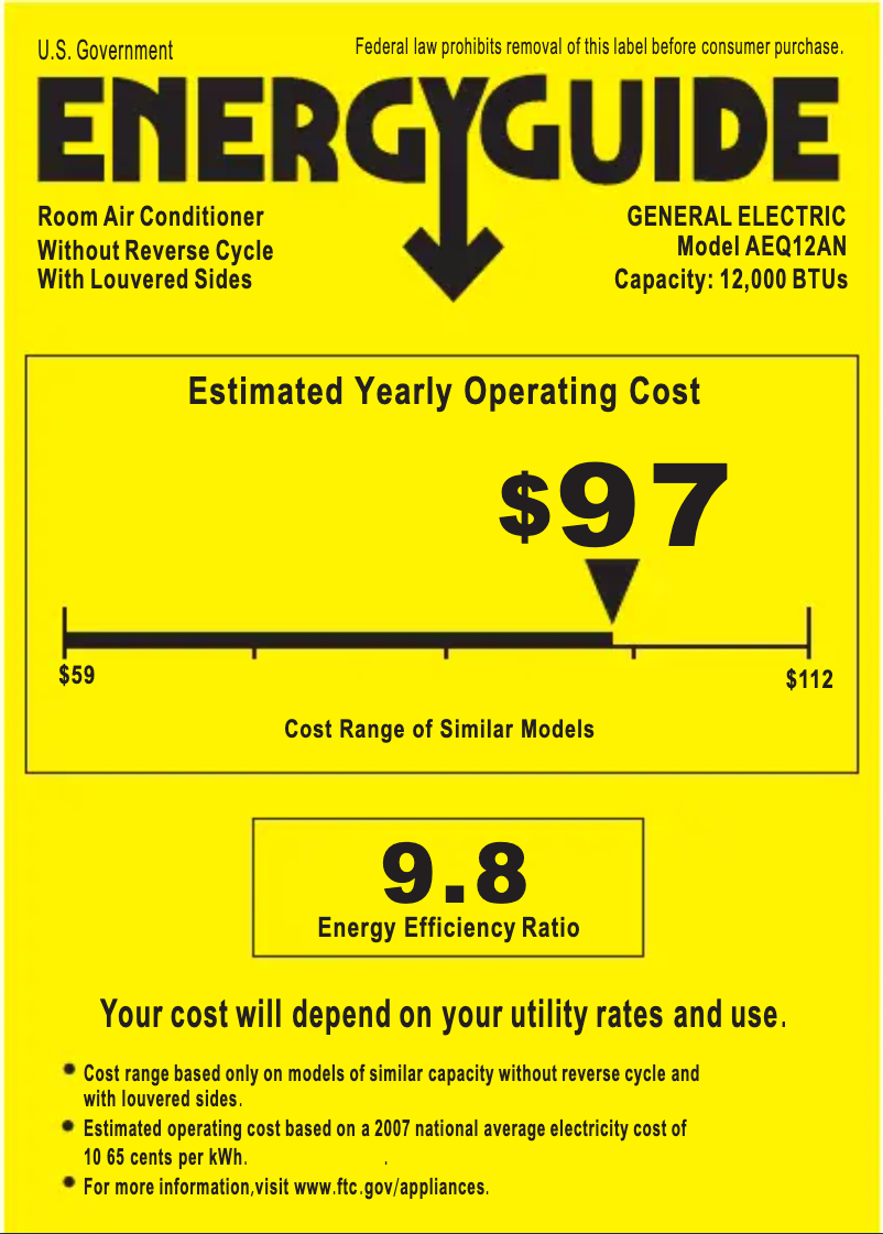 Page 1 de la notice Label énergétique GE AEQ12AN