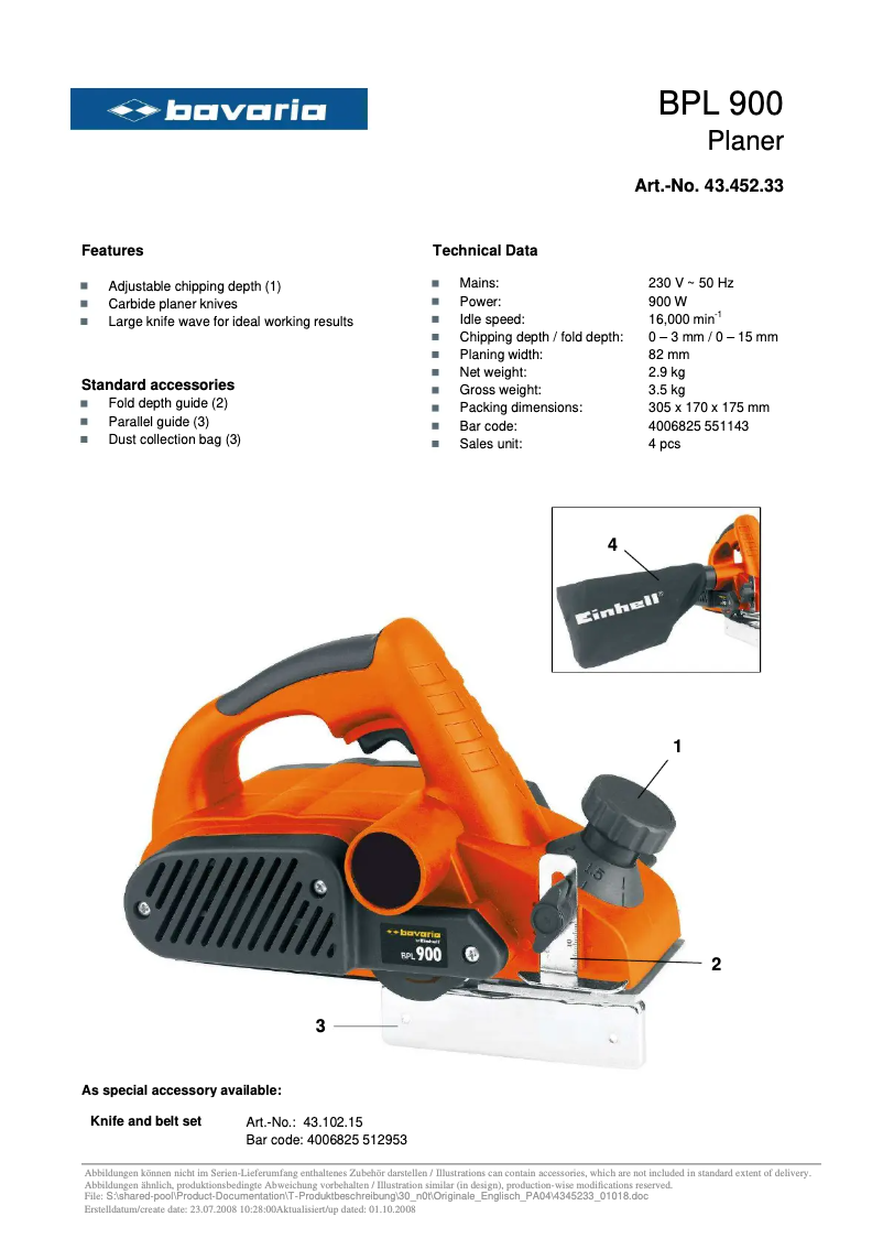 Page 1 de la notice Manuel utilisateur Bavaria by Einhell BPL 900