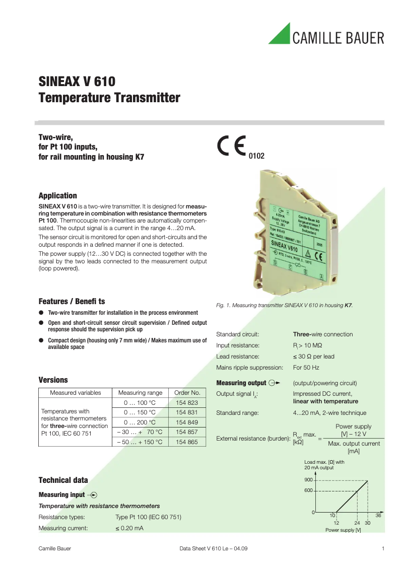 Page 1 de la notice Fiche technique Camille Bauer Sineax V610