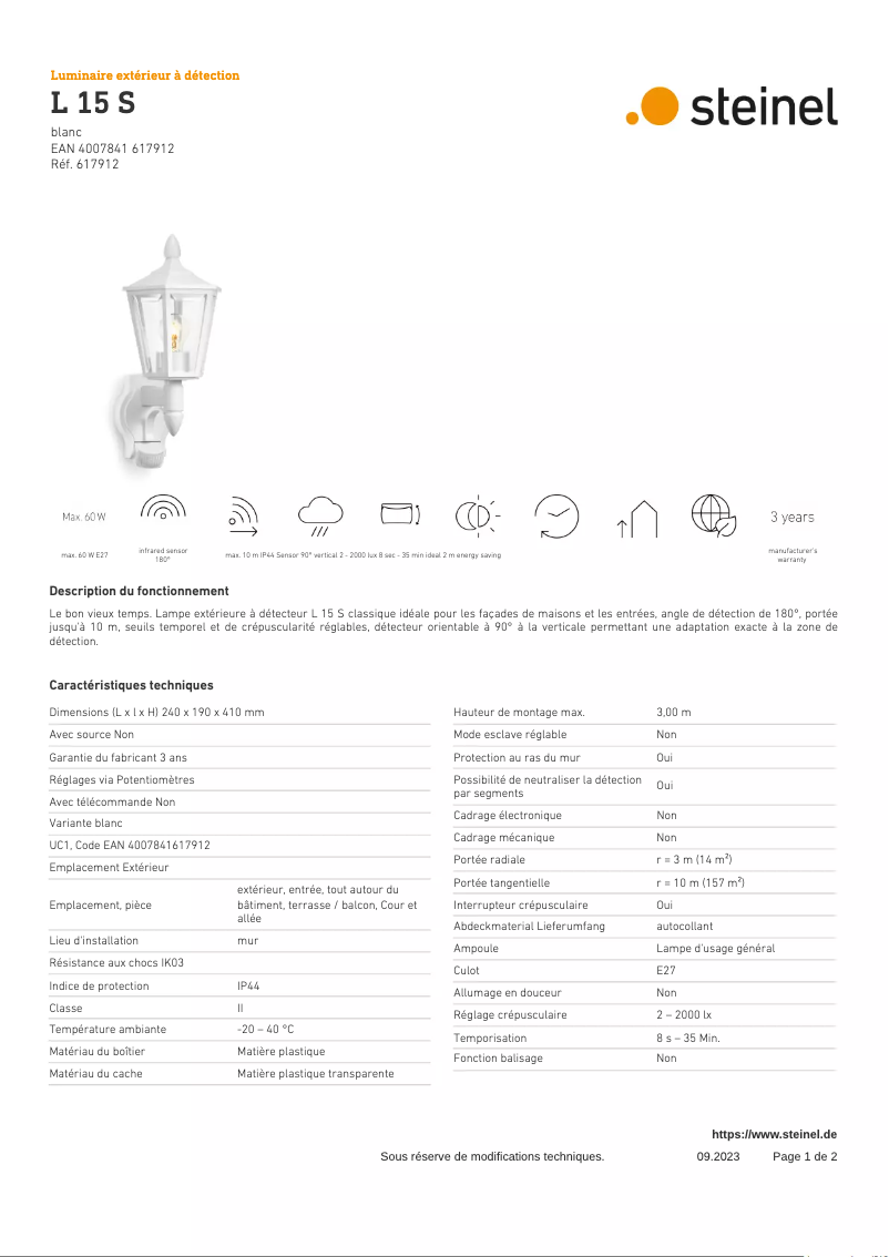 Page 1 de la notice Fiche technique Steinel L 15 S