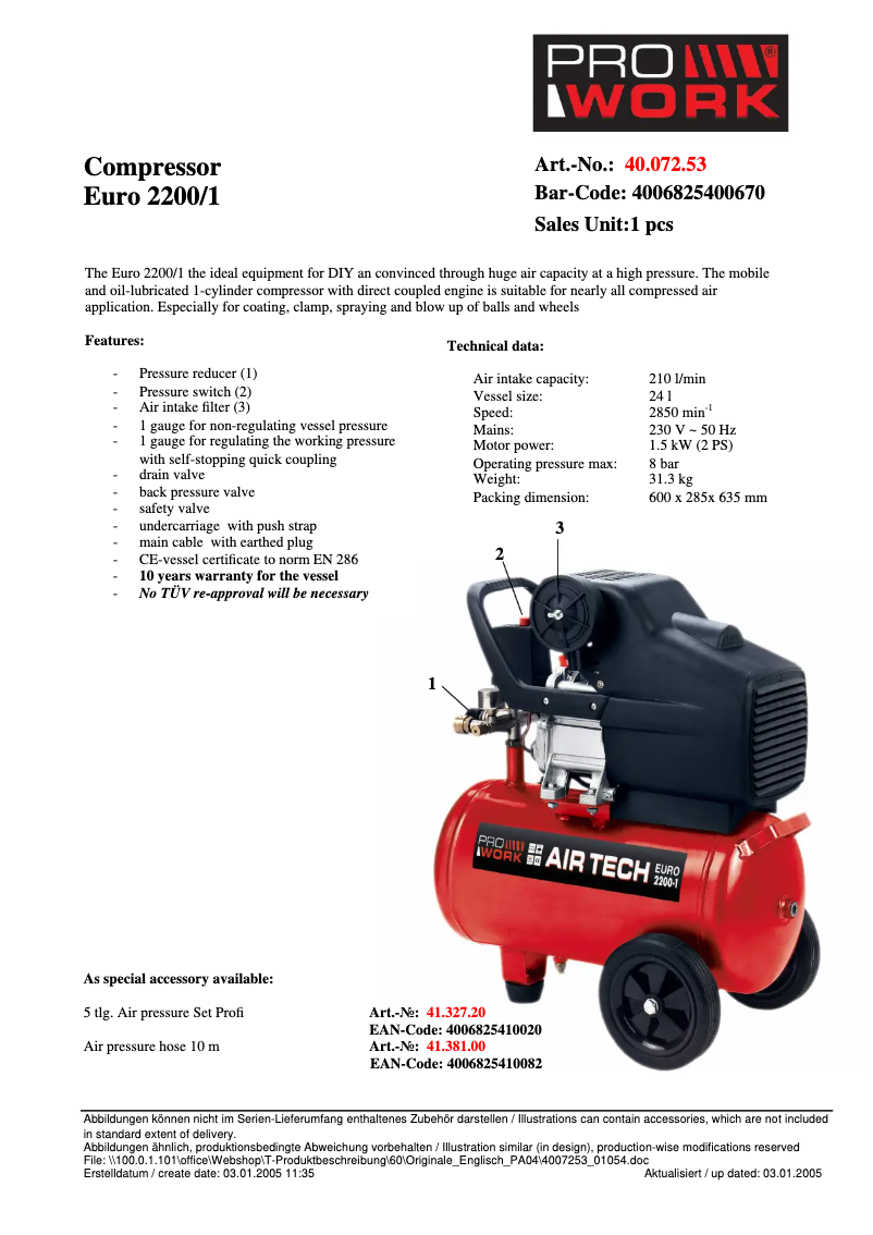 Page 1 de la notice Fiche technique Prowork EURO 2200-1