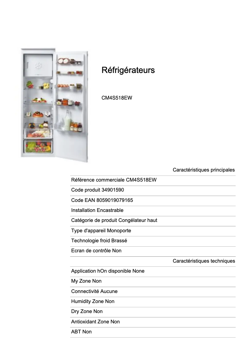 Page 1 de la notice Fiche technique Candy CM4S518EW