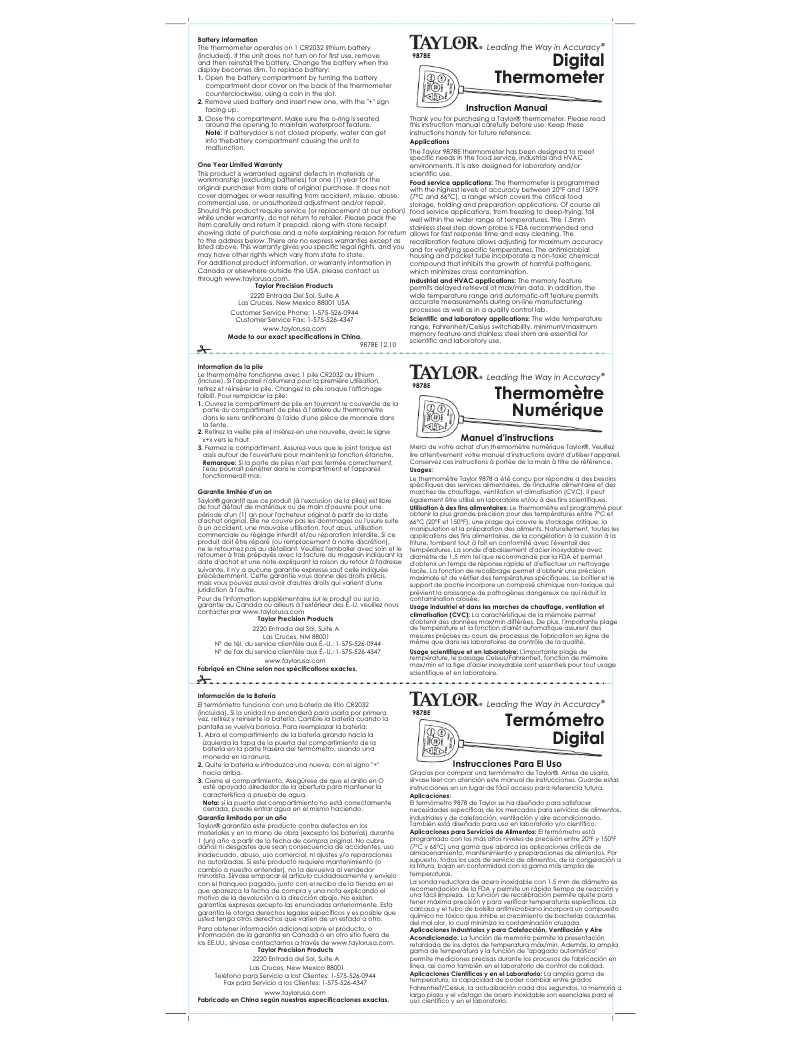 Page 1 de la notice Manuel utilisateur Taylor 9878E