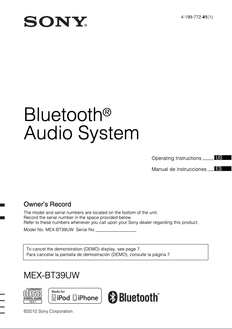 Página 1 del manual Manual de usuario Sony MEX-BT39UW