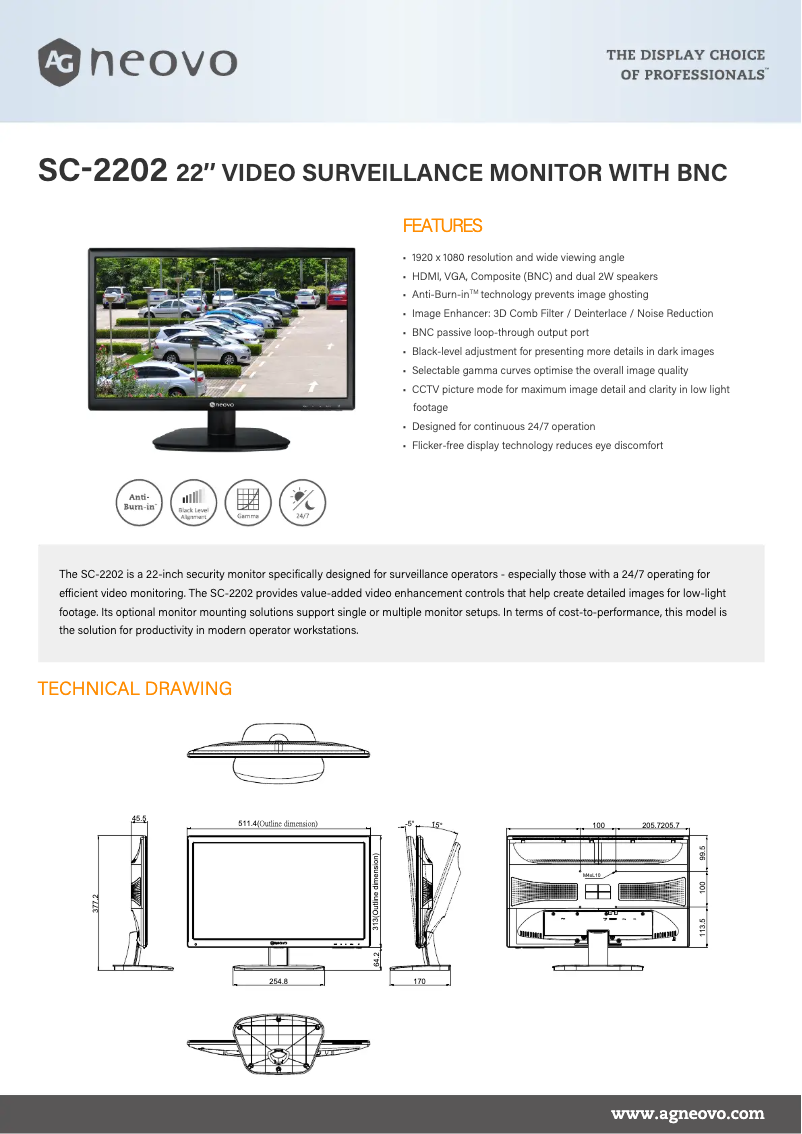 Page 1 de la notice Fiche technique AG Neovo SC-2202