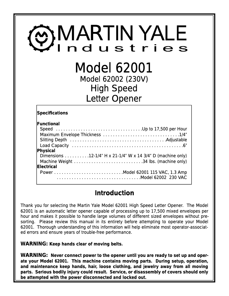 Page 1 de la notice Manuel utilisateur MartinYale 62001