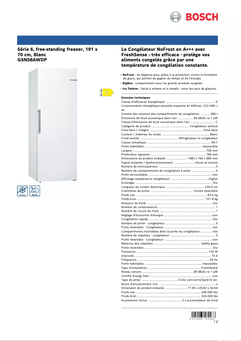 Page n°1 - Fiche technique Bosch GSN58AWDP