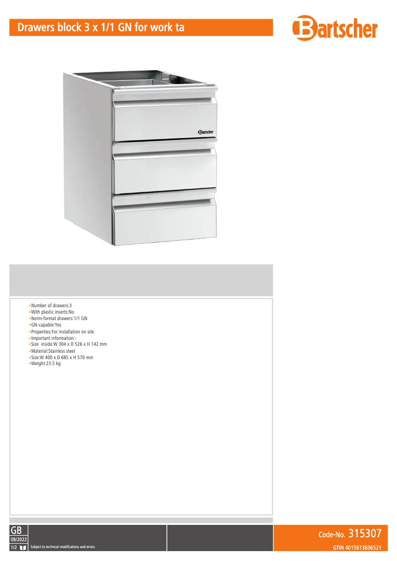 Page n°1 - Manuel utilisateur Bartscher 315307