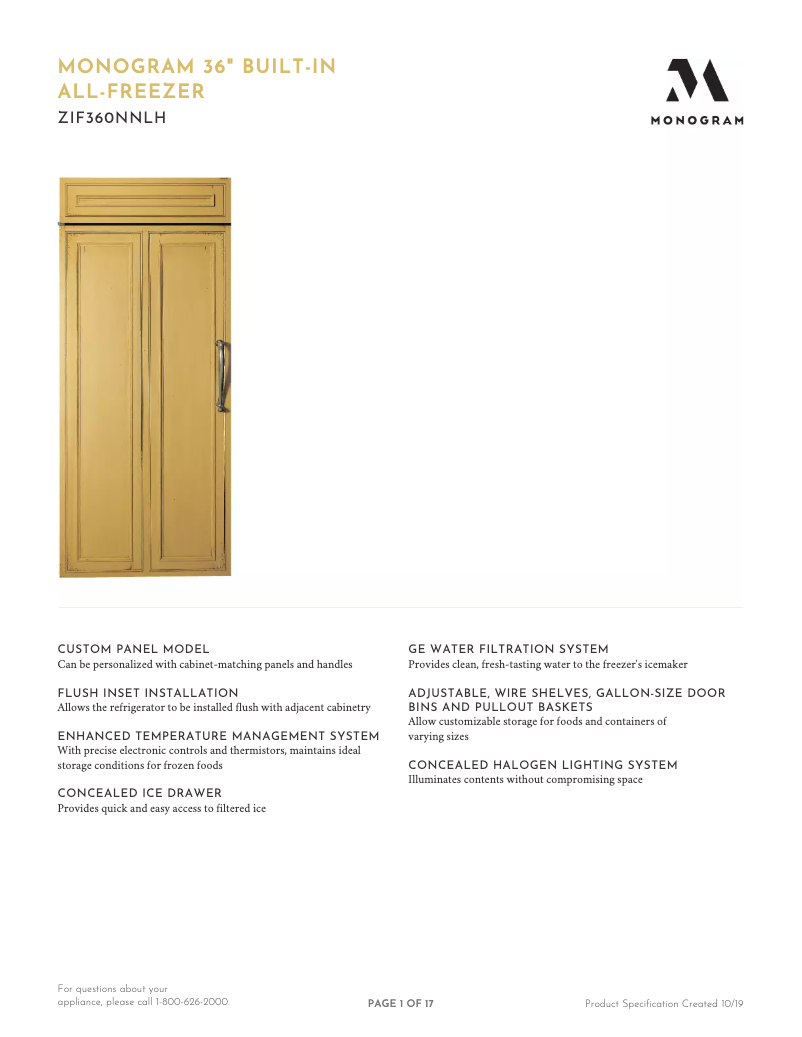 Page 1 de la notice Fiche technique Monogram ZIF360NNRH