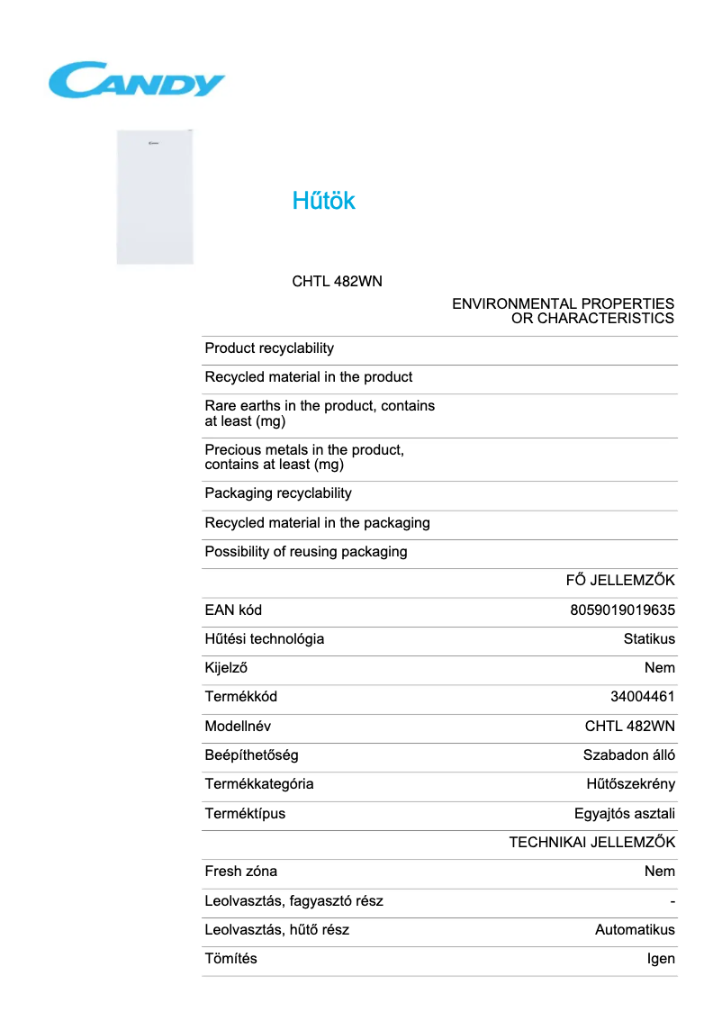 Page 1 de la notice Fiche technique Candy CHTL 482WN