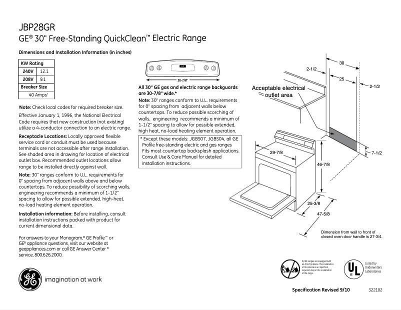 Page 1 de la notice Fiche technique GE JBP28GRSA