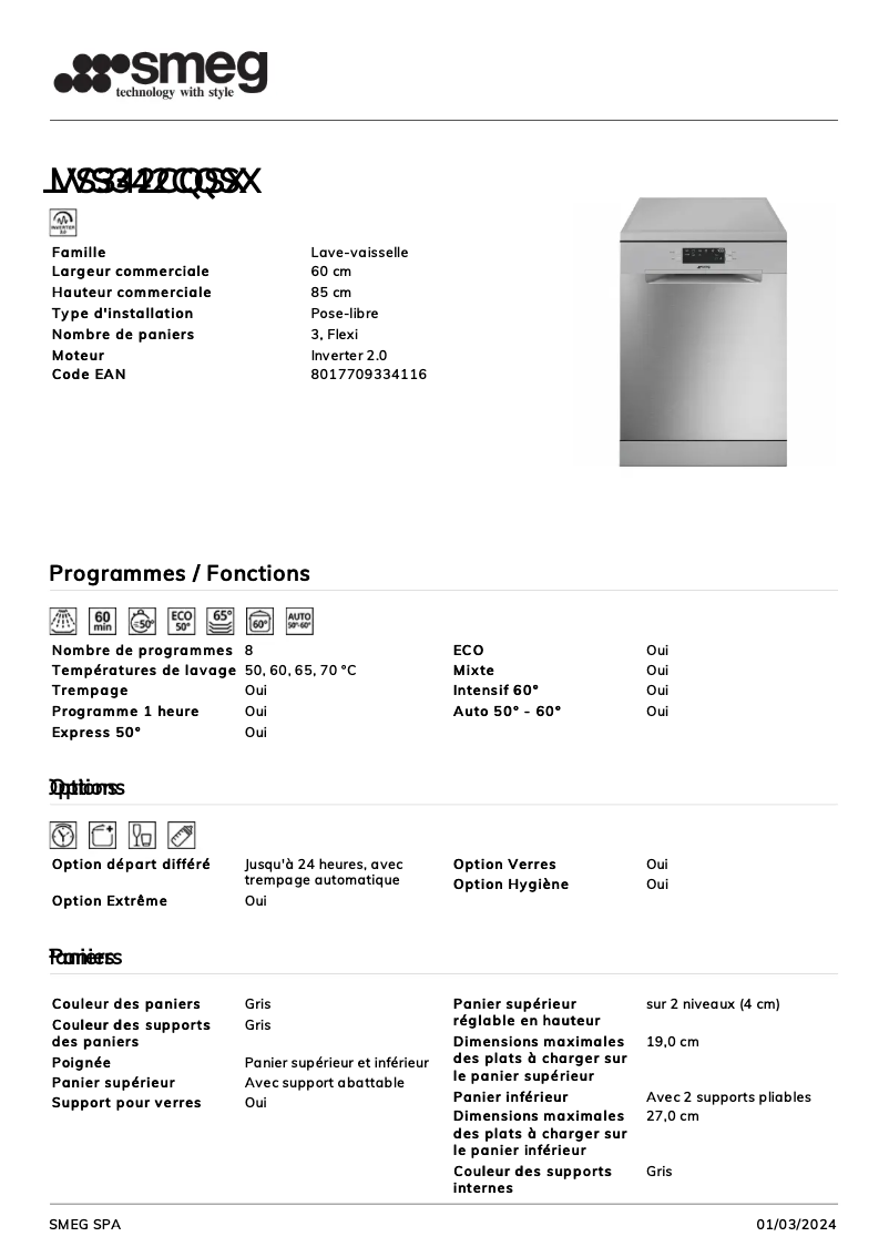 Page 1 de la notice Fiche technique Smeg LVS342CQSX