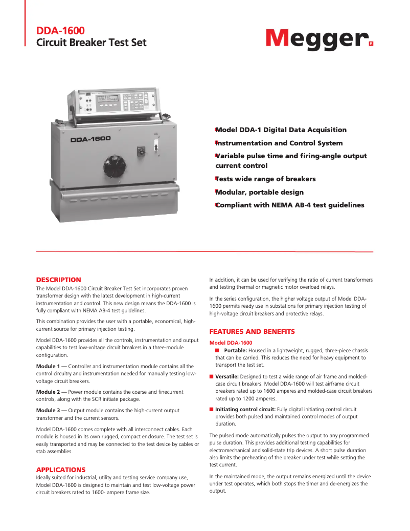 Page 1 de la notice Fiche technique Megger DDA-1600