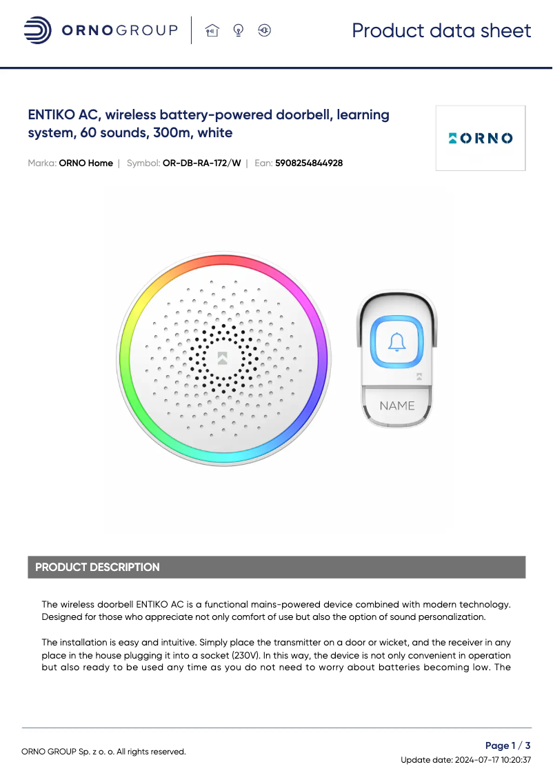 Página 1 del manual Ficha técnica ORNO OR-DB-RA-172