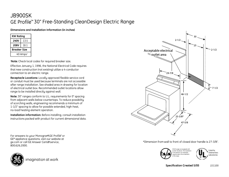 Page n°1 - Fiche technique GE Profile JB900SKSS