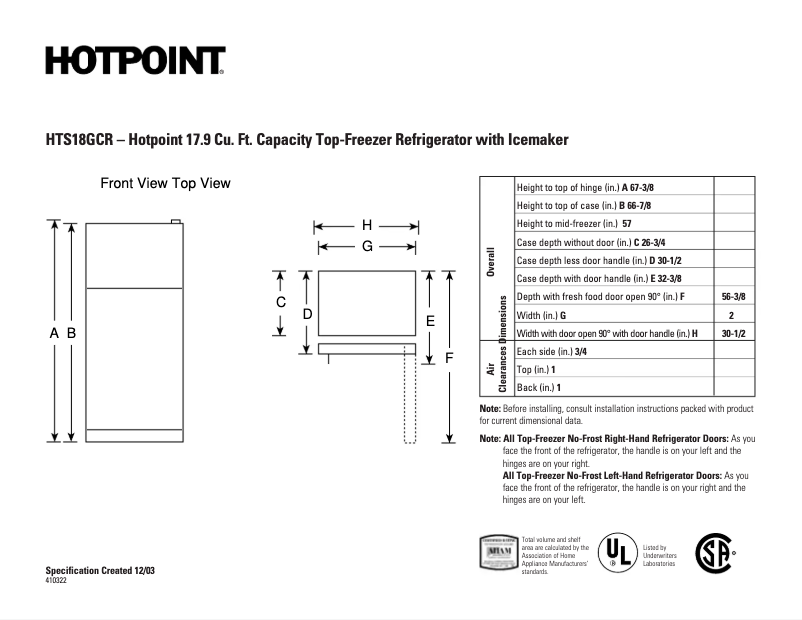 Page 1 de la notice Fiche technique Hotpoint HTS18GCRCC