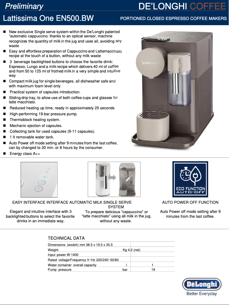 Page n°1 - Fiche technique DeLonghi Nespresso Lattissima One