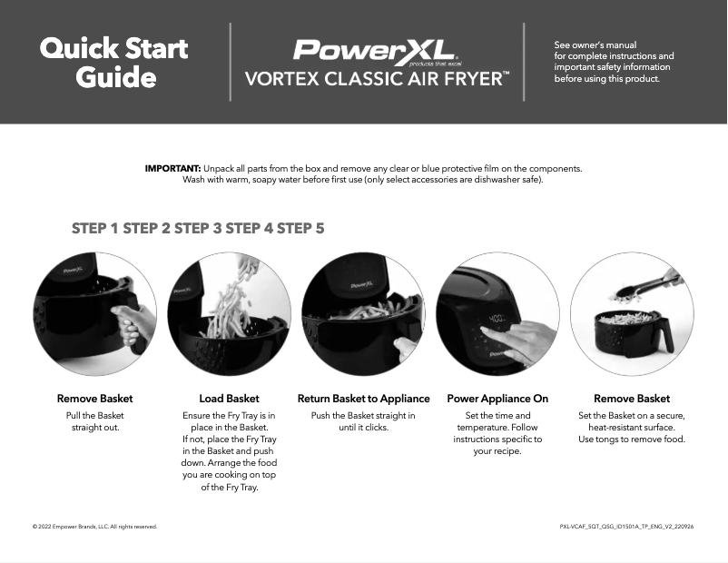 Page n°1 - Guide de démarrage rapide PowerXL Vortex Air Fryer ID1501A