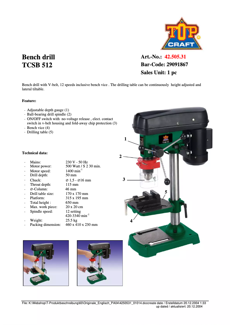 Page n°1 - Manuel utilisateur Topcraft TCSB 512