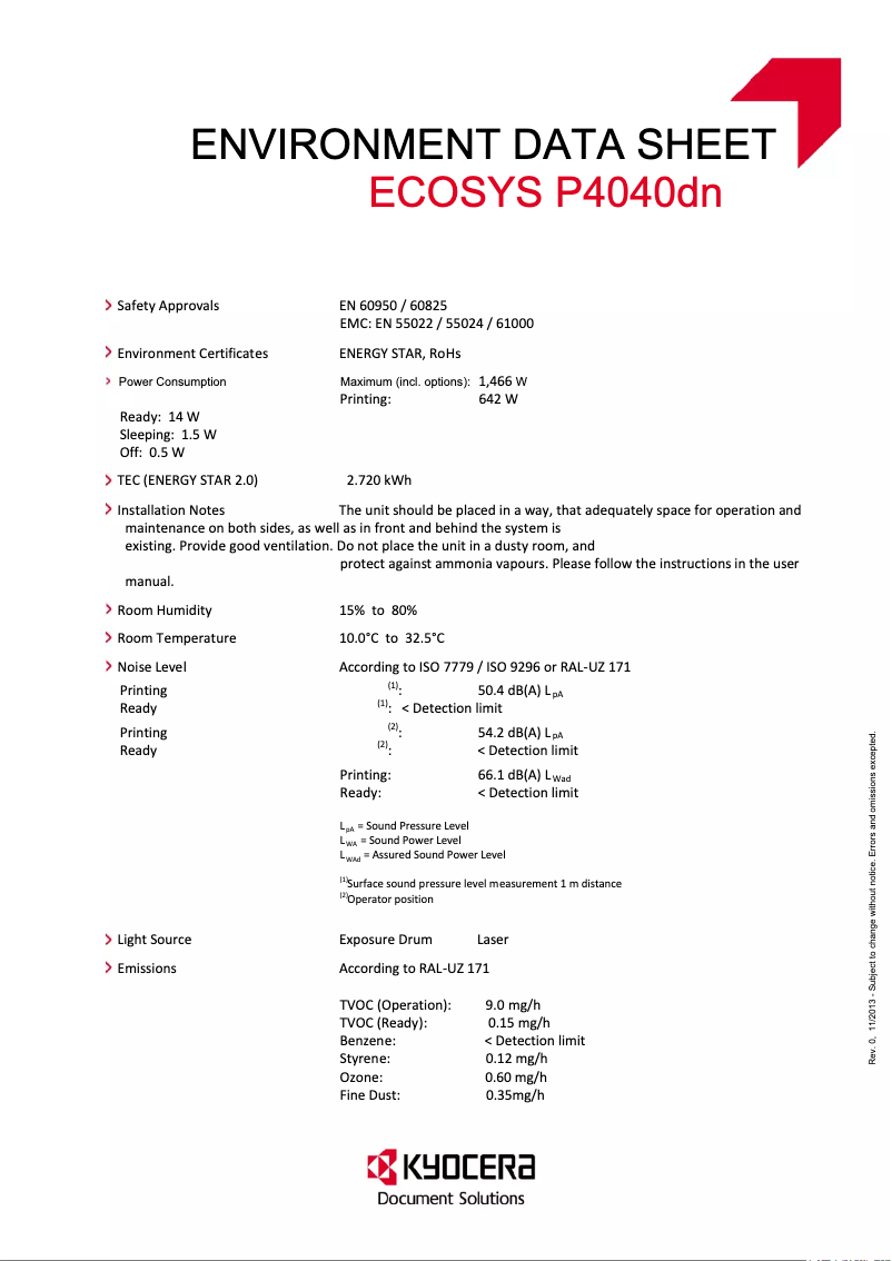 Page 1 de la notice Fiche technique Kyocera ECOSYS P4040dn
