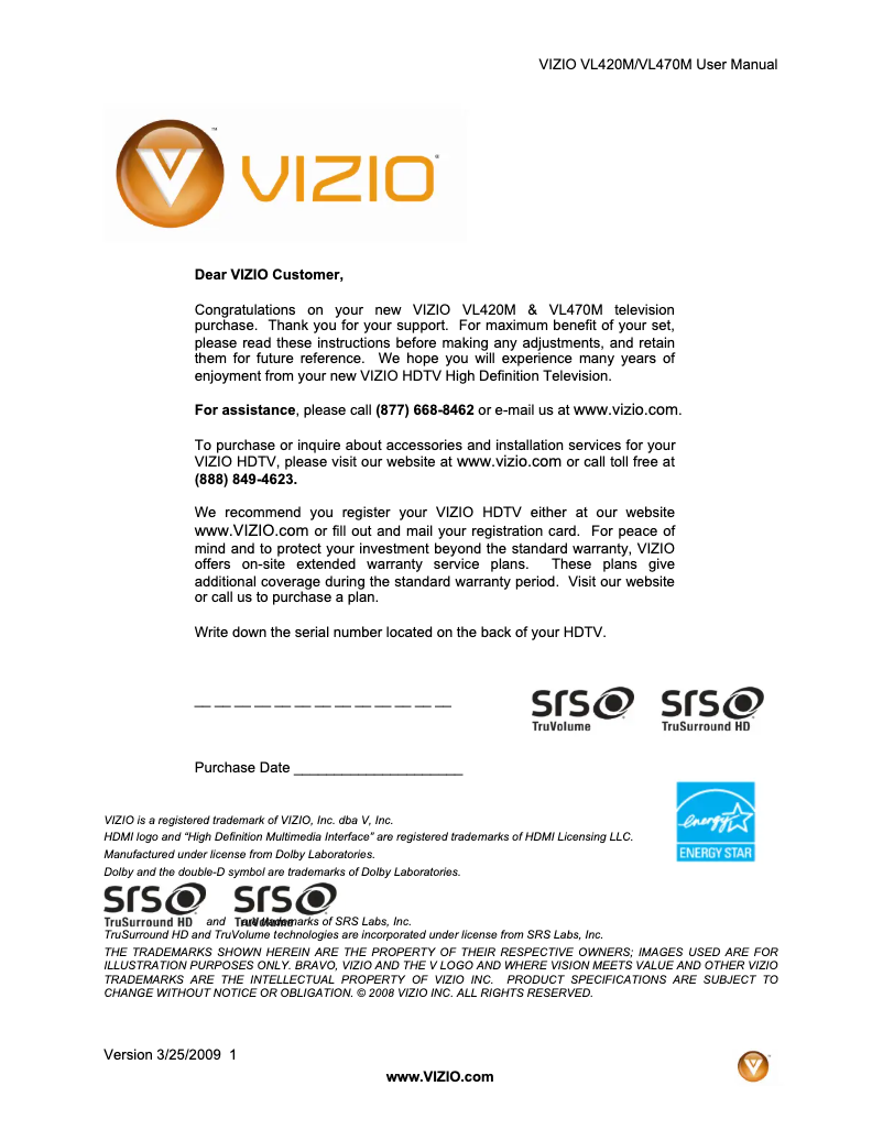 Page 1 de la notice Manuel utilisateur VIZIO VL420M