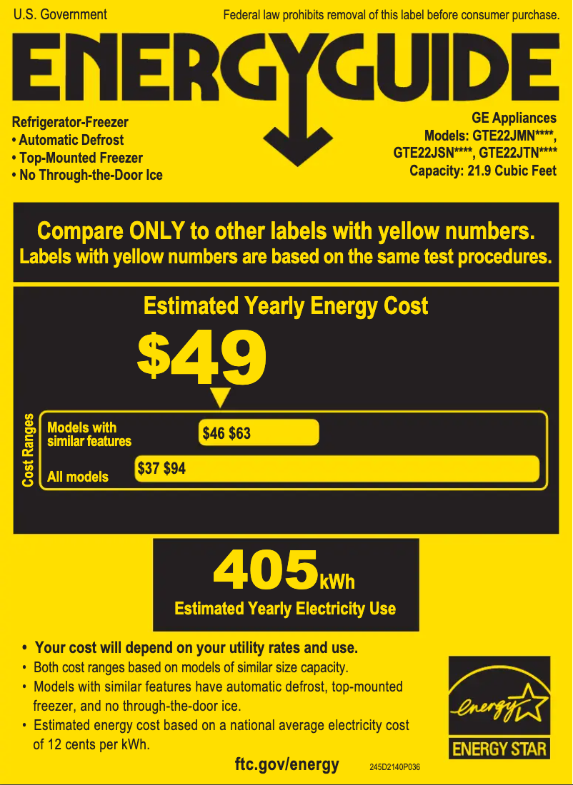 Page 1 de la notice Label énergétique GE GTE22JTNRCC