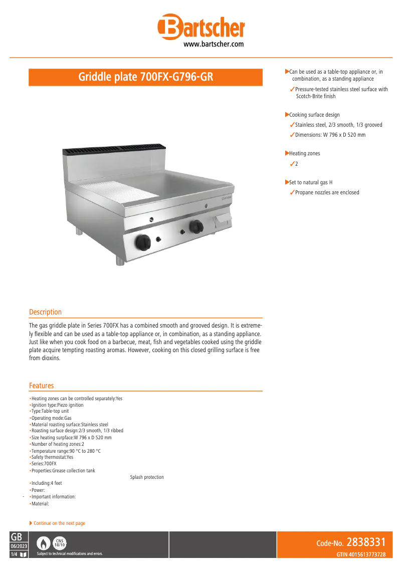 Página 1 del manual Ficha técnica Bartscher 700FX-G796-GR