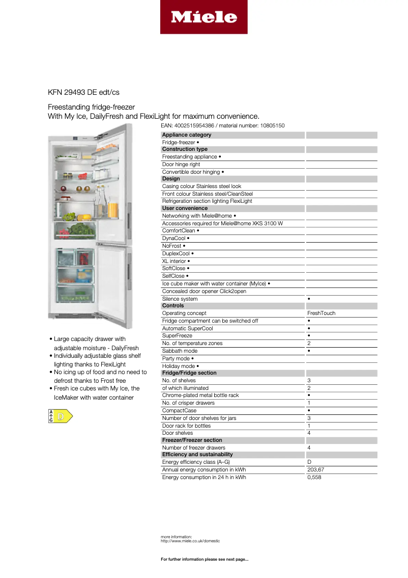 Page 1 de la notice Fiche technique Miele KFN 29493 DE edtcs