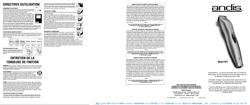 Page 1 de la notice Manuel utilisateur Andis BTF