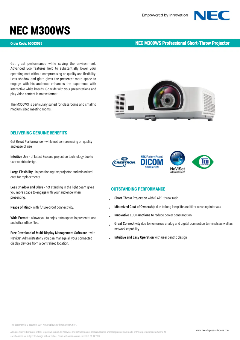 Page 1 de la notice Fiche technique NEC M300WS