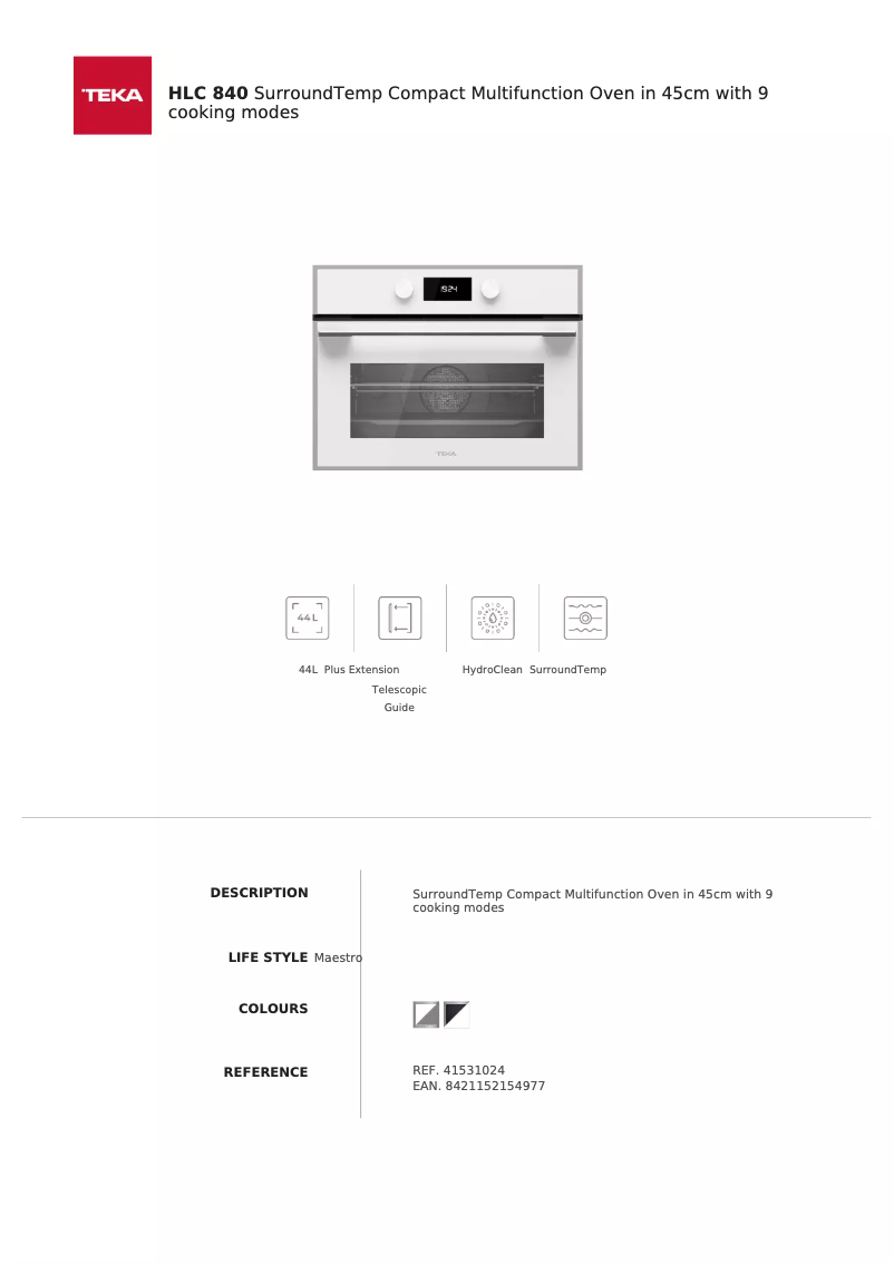 Page 1 de la notice Fiche technique Teka HLC 840