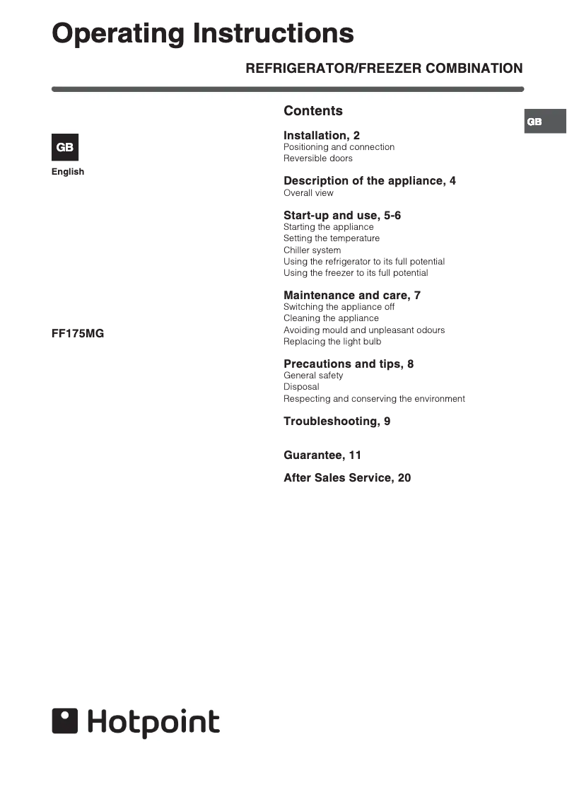 Page 1 de la notice Manuel utilisateur Hotpoint FF175MP