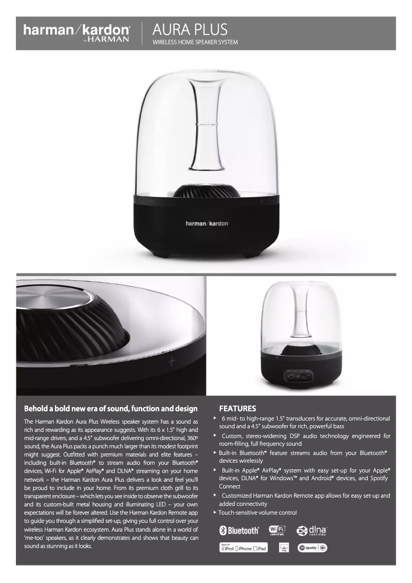 Page 1 de la notice Fiche technique Harman Kardon Aura Plus