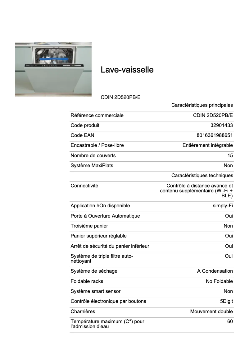 Page 1 de la notice Fiche technique Candy CDIN 2D520PB/E