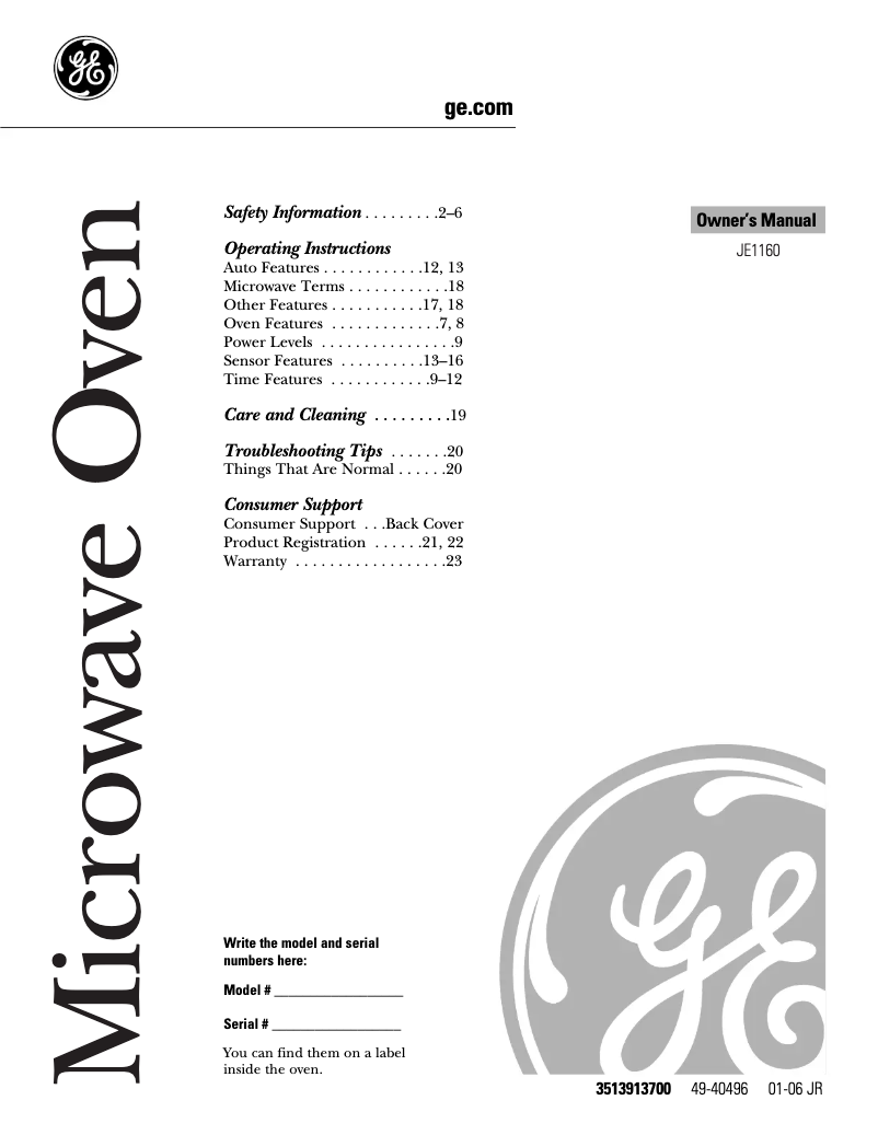 Page n°1 - Manuel d'utilisation et d'entretien GE JE1160WD