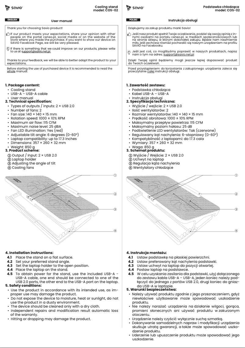 Page n°1 - Manuel utilisateur Savio COS-02