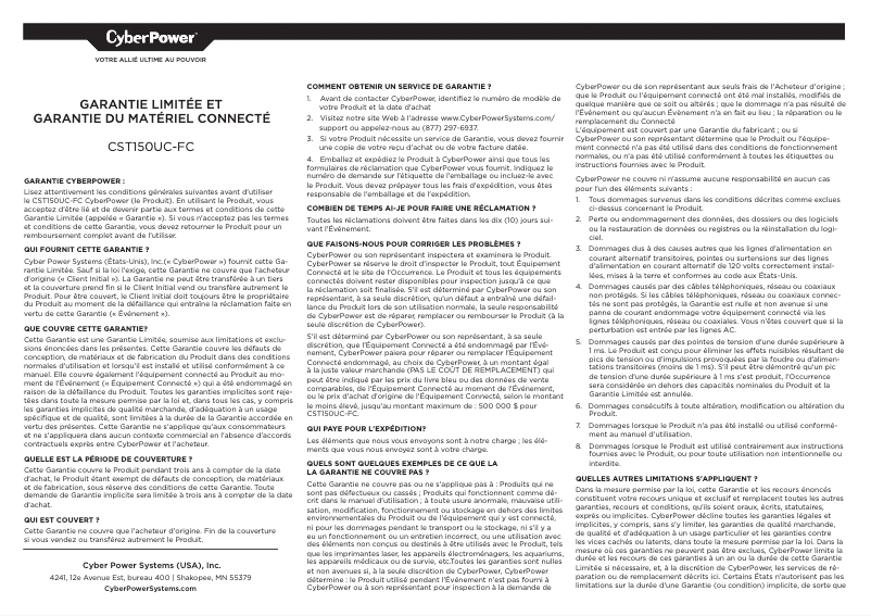 Page n°1 - Informations de garantie CyberPower CST150UC-FC