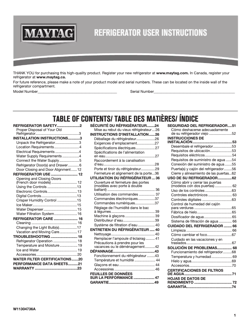 Page 1 de la notice Manuel utilisateur Maytag MBF2258FEZ