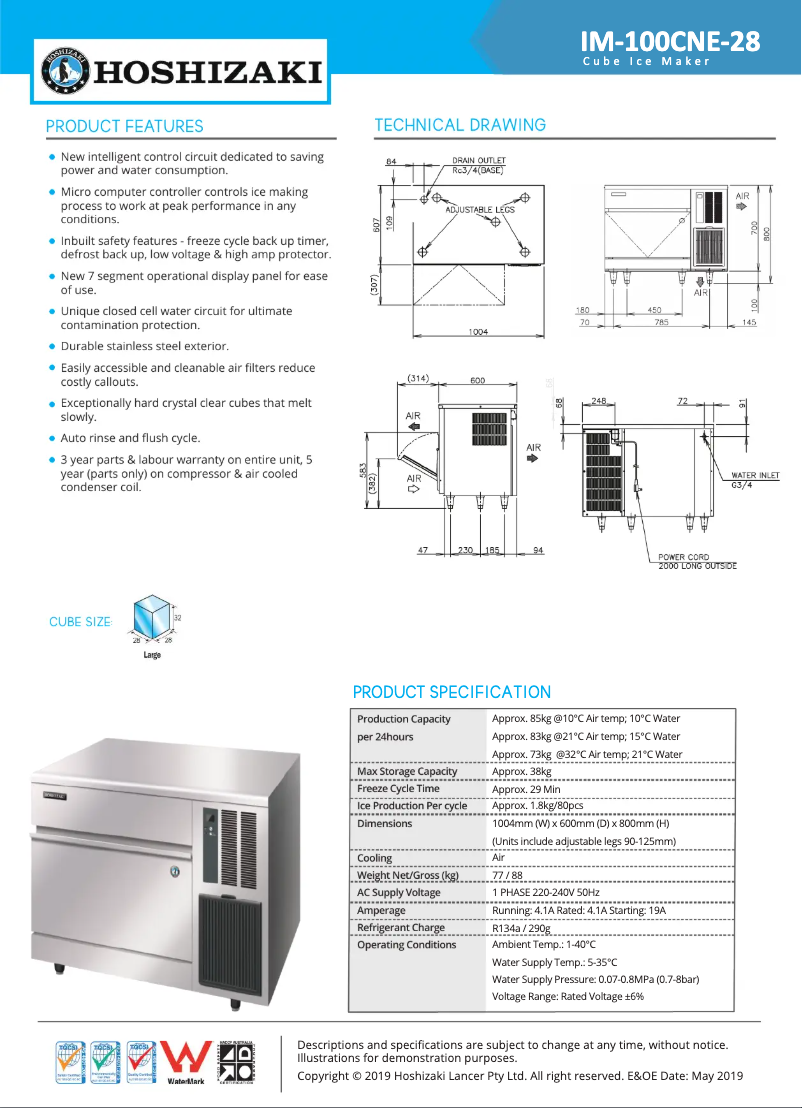 Page 1 de la notice Fiche technique Hoshizaki IM-100CNE