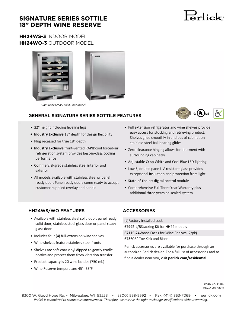 Page 1 de la notice Fiche technique Perlick Signature Series HH24WS-3-4R