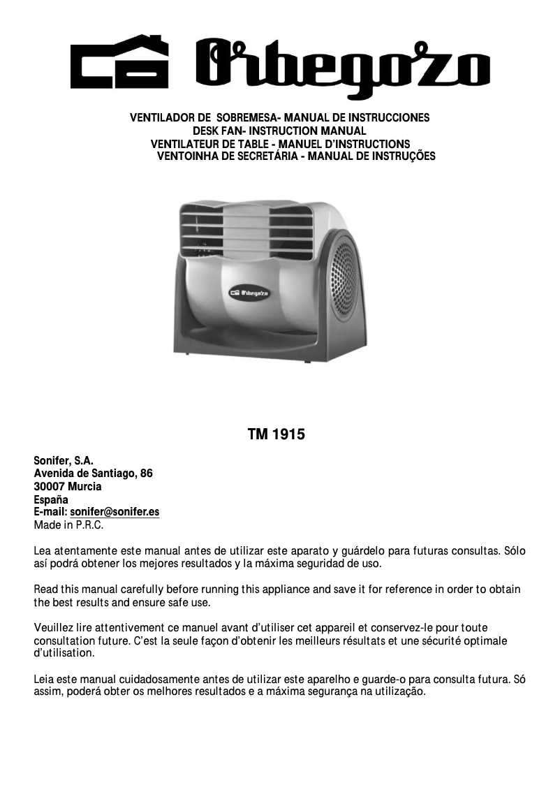 Page n°1 - Manuel utilisateur Orbegozo TM 1915