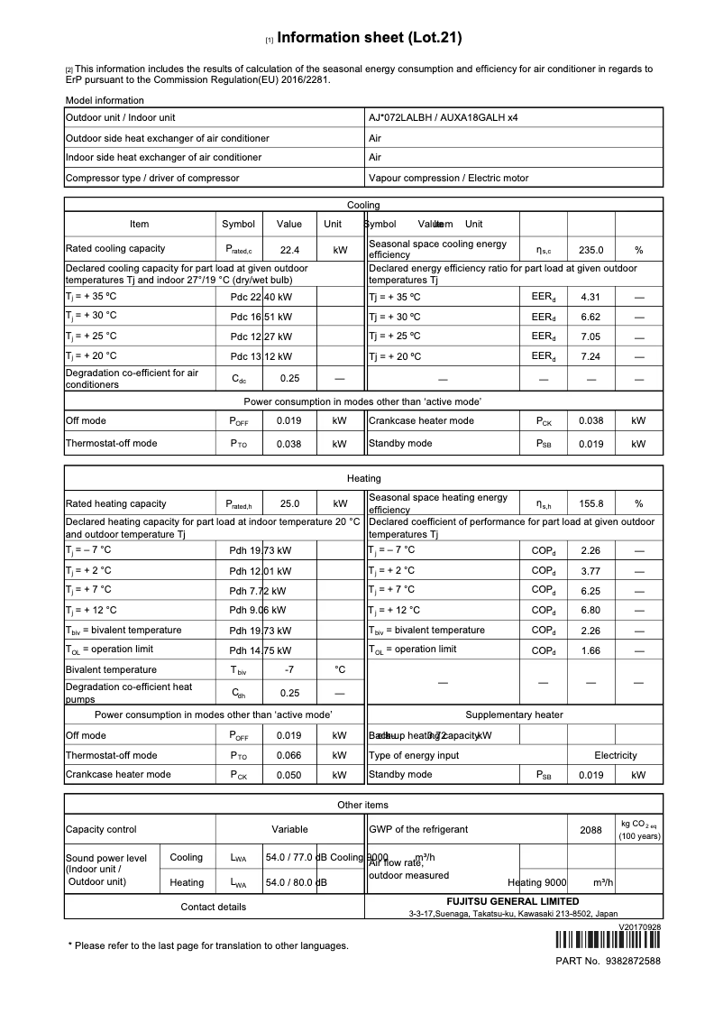 Page 1 de la notice Fiche technique Fujitsu Airstage AJH072LALBH