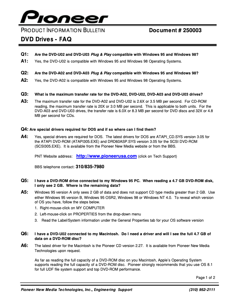 Page 1 de la notice FAQ Pioneer DVD-303S