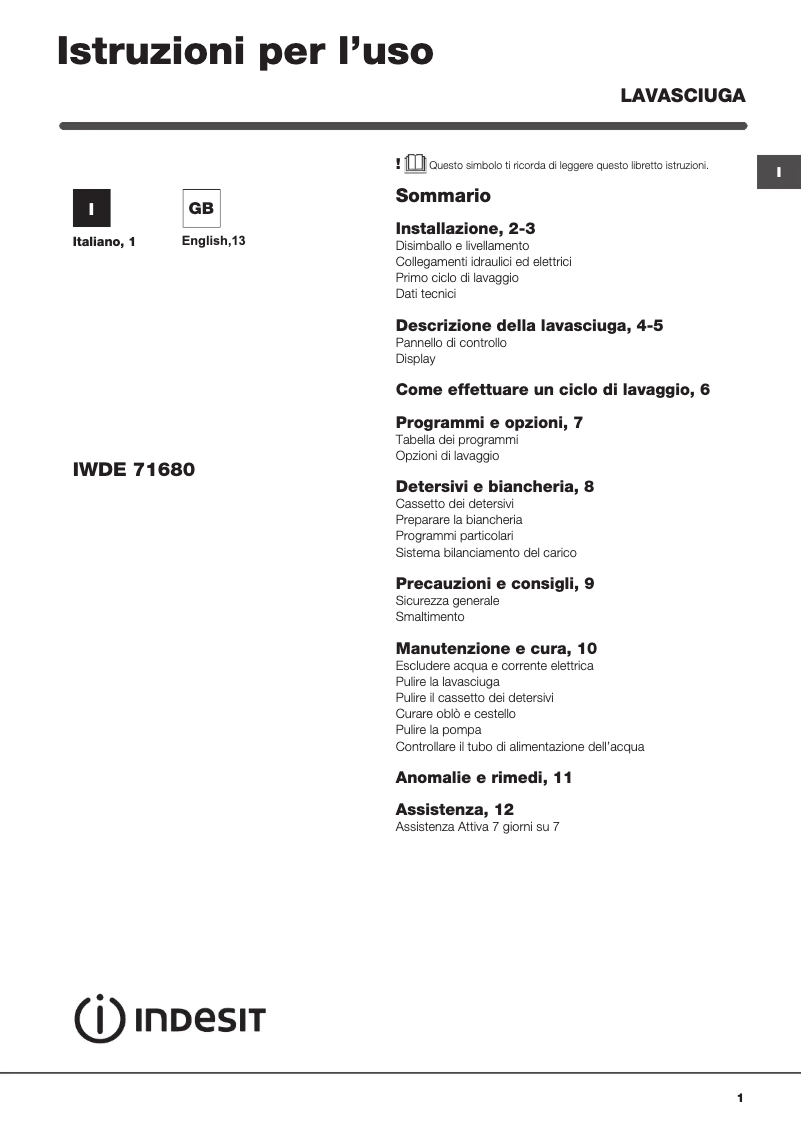 Page n°1 - Manuel utilisateur Indesit IWDE 71680 C ECO IT